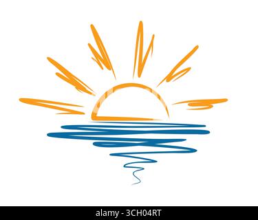 Stylized sun symbol with blue wave. Stock Vector
