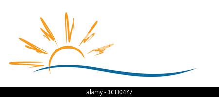 Stylized sun symbol with blue wave. Stock Vector
