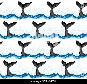 Seamless pixel background with whale and sea. Stock Vector