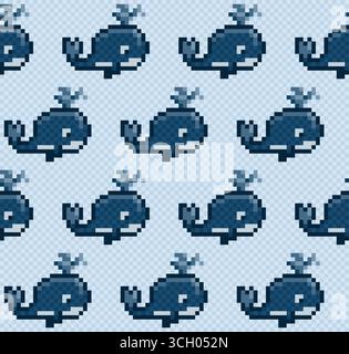 The seamless pixel background with sea and whale. Stock Vector