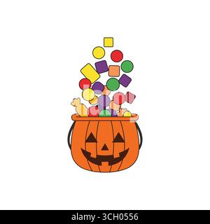 Pumpkin bucket overflowing with colorful candies for a Halloween trick or treat celebration Stock Vector