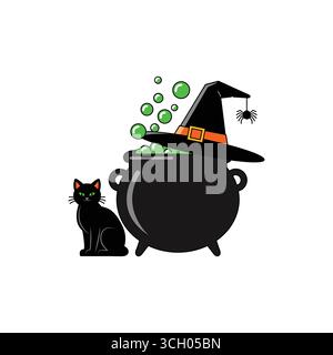 Black cat and a witch hat next to a bubbling cauldron for a Halloween party Stock Vector