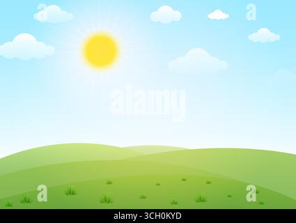 Green Grass Field Landscape with Blue Sky. Vector Illustration. Stock Vector