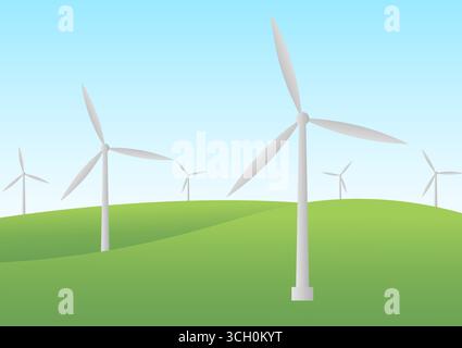 Wind Turbine landscape over Grass Field Landscape. Windmill Renewable Energy. Vector Illustration. Stock Vector