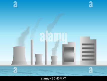 Industrial Factory or Industrial Power Plants with Smoke. Air Pollution from Industrial Factory. Vector Illustration. Stock Vector
