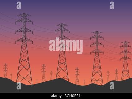 Electric pole against Sunset. Electric pylons. Electric Power ...