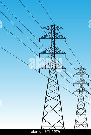 Electric Tower against Blue Sky. Electric Pylons. High Voltage Pole. Power Transmission Tower. Vector Illustration. Stock Vector