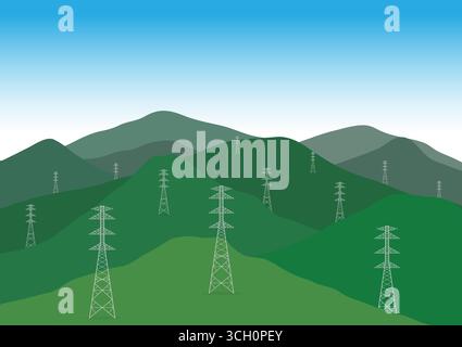 Electric tower on a mountain. Electric pylons. High voltage pole. Power transmission tower Vector Illustration. Stock Vector
