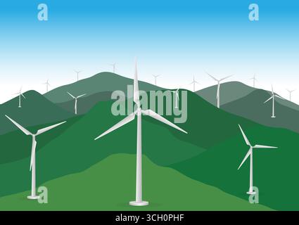Windmills on Mountain and Hill. Wind Turbines. Renewable Alternative Sources Energy. Vector illustration. Stock Vector