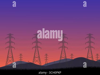 Electric tower against sunset. Electric pylons. High voltage pole. Power transmission tower Vector Illustration. Stock Vector