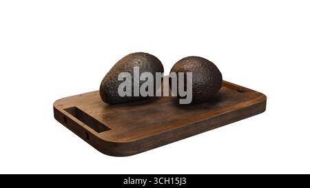 A crisp 3D render of two avocados on a wooden cutting board with a white background, ideal for e-commerce listings and food packaging visuals. Stock Photo