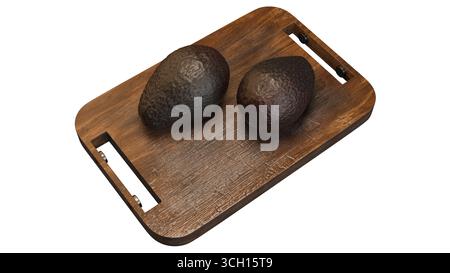 An attractive angled 3D render of two avocados on a wooden cutting board against a white background, perfect for professional food packaging and brand Stock Photo