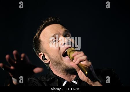 Jedburgh, UK. 30th Aug, 2025. Headliner Olly Murs performs onstage during day one of EdgeFest 2025 at LilliardsEdge near Jedburgh on August 30, 2025. EdgeFest 2025, Music Festival. A growing music festival, in the Scottish Borders, now in its third year, being held at Lilliardsedge, near Jedburgh. Music and entertainment for all the family, under the big top. Main Stage Line Up ( Credit: Rob Gray/Alamy Live News Stock Photo