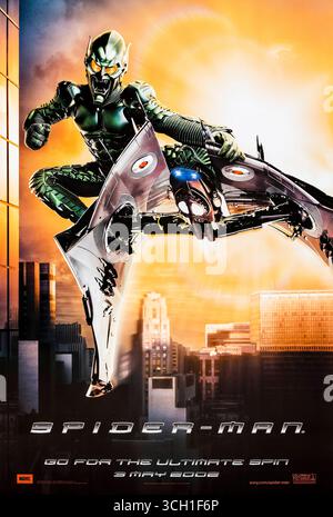 Spider-Man (2002) directed by Sam Raimi and starring  Willem Dafoe as the Green Goblin. A high-school student gains spider-like powers and vows to fight crime in New York, facing the Green Goblin. Photograph of an original 2002 US advance poster EDITORIAL USE ONLY. Credit: BFA / Sony Pictures Releasing Stock Photo