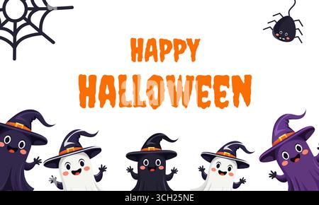 Ready-made Happy Halloween card template with cute smiling ghosts with big eyes, spider and spider web on white background. The witch clothes and hat are different colors. Vector illustration Stock Vector