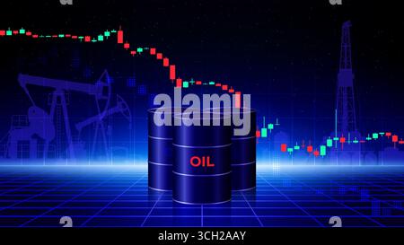 Chart of falling oil prices per barrel. Crude oil barrels on dark background. Analysis of fall of global energy markets. Influence of economic insider Stock Vector