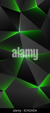 Dark low poly smartphone wallpaper. Abstract geometric background with triangles. Shining lines, triangle. Green energy. Gray green background. Poly Stock Vector