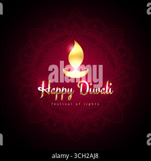 Happy diwali vector holiday greeting card. Diwali festive card with golden lamp symbol. Gold icon. Design template on dark red background with mandala Stock Vector