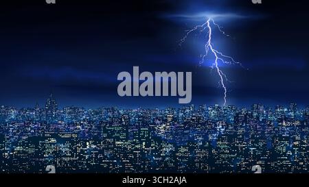 Cityscape with thunderstorm, lightning, city buildings at night. City ​​skyline at nighttime. Night, cloudy stormy sky. Dark blue lightning city back Stock Vector