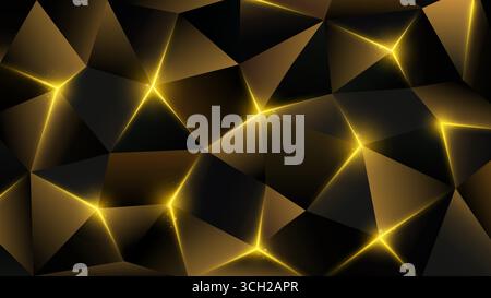 Dark low poly gold background. Abstract geometric metal backdrop, triangle. Sparkling light through shining edges. Golden triangles luxury background. Stock Vector