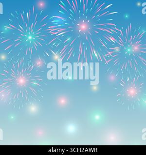 Colorful fireworks on a light background. Pastel colored fireworks on light blue sky. Childhood. Background festive design, greeting card, invitation Stock Vector