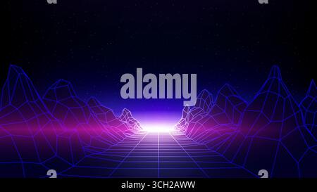 Retro futuristic laser, neon grid background. Synthwave 80s style, neon color. Starry sky background, mesh, grid floor, mountain. Futuristic 3d dark Stock Vector