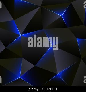 Dark low poly background. Abstract geometric backdrop with triangle. Concept of innovation. Shining bright lines of backlight. Gray blue triangles Stock Vector