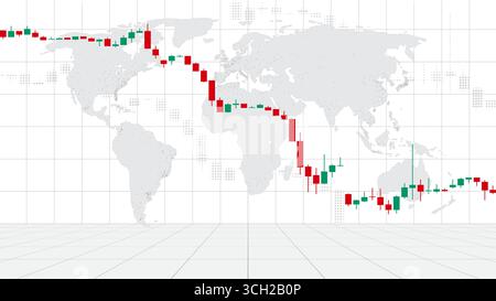 Stock market trading chart. Abstract finance sketch background world map. Falling financial market. Japanese candlesticks. Investment concept. Economy Stock Vector