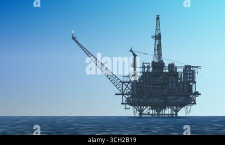 Offshore drilling rig, platform in the sea. Background blue sky. Offshore crude oil production, industry, business. Silhouette drilling rig, seascape. Stock Vector