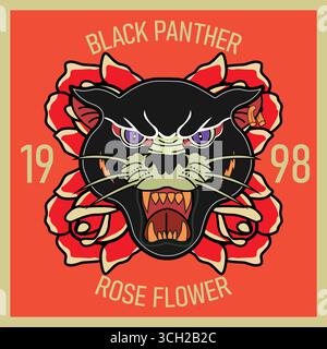 Black Panther with Beautiful Red Rose Vintage Flower Stock Vector