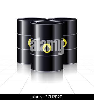 Black barrels with crude oil, petroleum products. Realistic black metal barrel for fuel. White background. Low, high oil price, stock exchange trading Stock Vector
