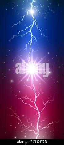 Battle of red blue lightning smartphone wallpaper, background. Thunder collision. Bright lightning with sparks, glow. Battle, confrontation. Vertical Stock Vector