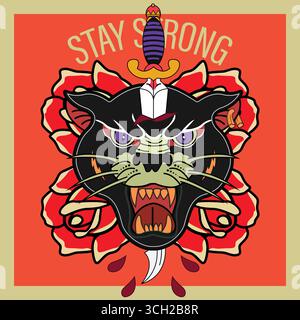 Black Panther with Beautiful Red Rose Vintage Flower Stock Vector