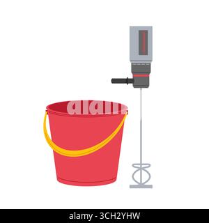 Mixing equipment next to a red bucket in a construction setting during daytime operations Stock Vector