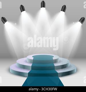 Podium Stage with Carpet and Shiny Lamps Stock Vector