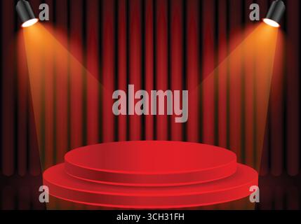 Podium Stage red curtain and Yellow Spotlight Stock Vector