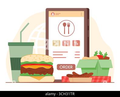 Online Food Delivery Service Application on Smartphone with Food and Drink for E-Commerce and Online Ordering Concept Illustration Stock Vector
