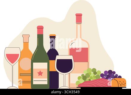 wine, whisky, some kind of glasses with grapes, ham and cheese Stock Vector