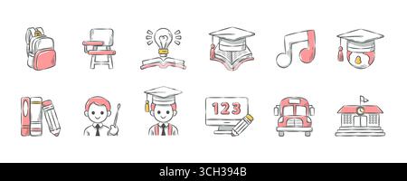 Education and School supplies . Hand drawn icon cartoon illustration collection . Set 3 of 3 . Vector . Stock Vector