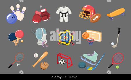 Sports equipment set cartoon illustration on gray isolated background . Vector . Stock Vector