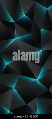 Dark low poly smartphone wallpaper. Abstract geometric background with triangles. Shining broken lines, triangle. Gray cyan blue background. Polygonal Stock Vector