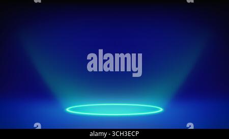 Futuristic glowing blue stage, studio. Empty room, circular cyan neon lighting in floor. The product levitates, hangs. Background. Displaying products Stock Vector