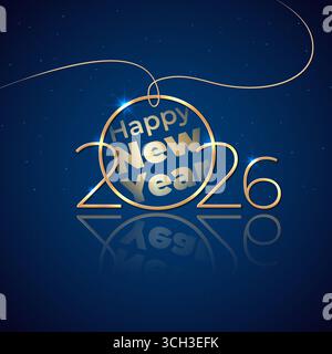 Happy New Year 2026, 26. Holiday greeting card. Shiny golden 2026 on blue background. New Year design for greeting card, invitation, calendar. Gold Stock Vector