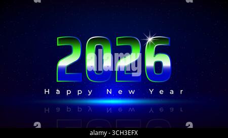 Happy New Year 2026, 26. New Year greeting card. Blue green numbers 2026 on a dark background. Futuristic technological design. Vector illustration Stock Vector