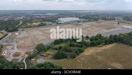 Panoramic aerial view of Sunset Waltham Cross Studios site before construction, UK (August 2024). Stock Photo