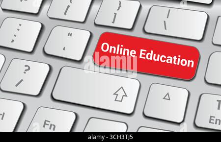 keyboard mock up with red buttons that says online education Stock Vector