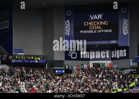 The stadiums big screen displays VAR checking for a possible offside in the build up to Rangers' John Souttar goal during the William Hill Premiership match at Ibrox Stadium, Glasgow. Picture date: Sunday August 31, 2025. Stock Photo