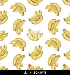 Watercolor seamless pattern with ripe yellow bananas on white background, ideal for textiles, kitchen decor, and packaging. Stock Photo