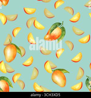 Hand-drawn seamless pattern with ripe mango fruits, juicy slices, and green leaves on a vibrant blue background. Perfect for summer textiles, tropical Stock Photo
