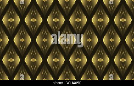 Vector seamless pattern with golden geometric diamond shapes and light rays. Luxury black and gold shiny abstract background texture. Stock Vector